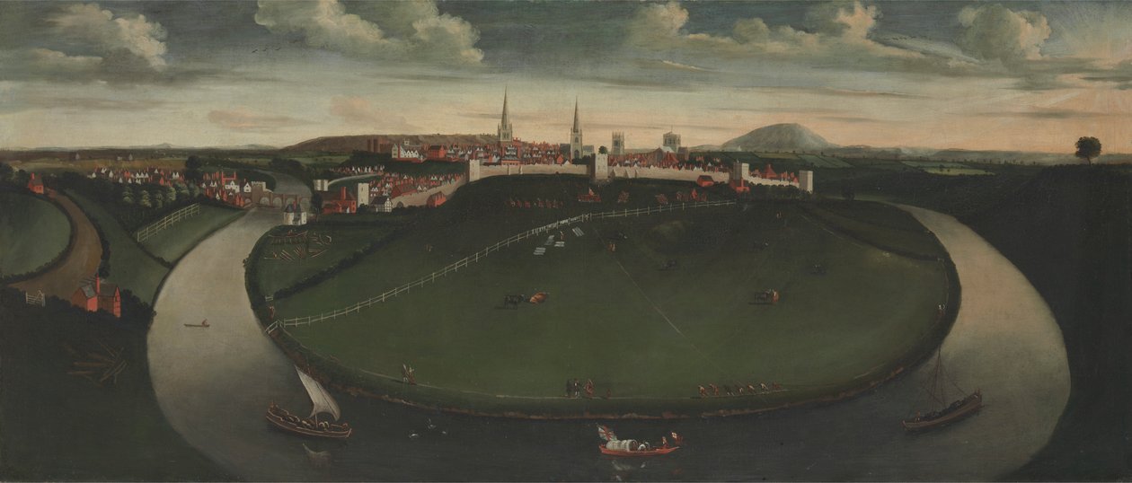 Shrewsbury en de Rivier Severn door Unknown artist