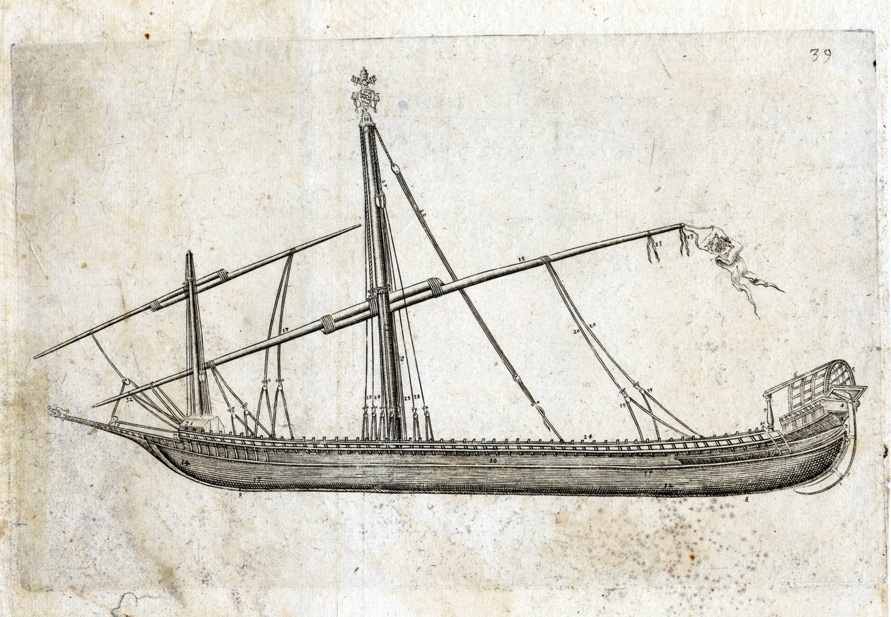 Zijaanzicht van een galei. Gravure uit de 18e eeuw. door Unknown artist