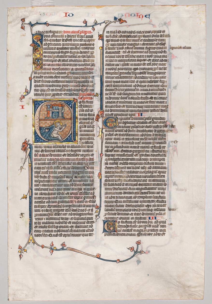 Enkel Blad uit een Bijbel: Initiaal E[t factum est] met Jona Verslonden door de Walvis door Unknown artist