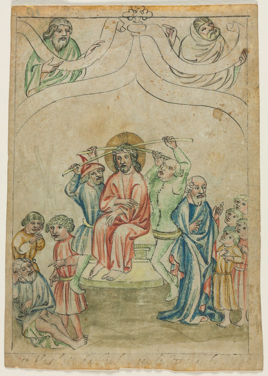 Enkel blad uit een Biblia Pauperum: Christus gekroond met doornen (recto) door Unknown artist