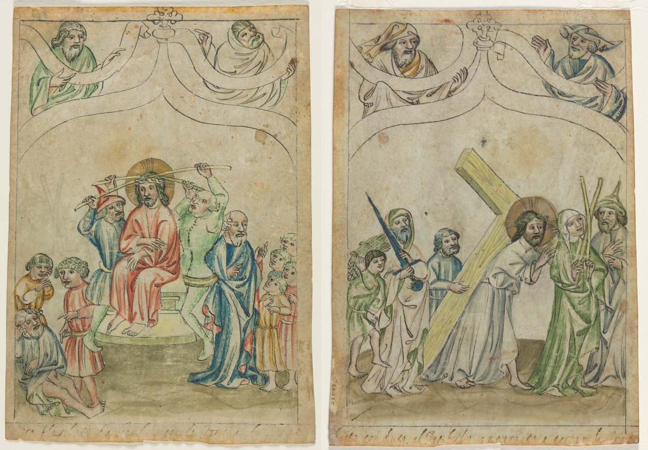 Enkel blad uit een "Biblia Pauperum": Christus gekroond met doornen (recto) Christus draagt het kruis (verso) door Unknown artist