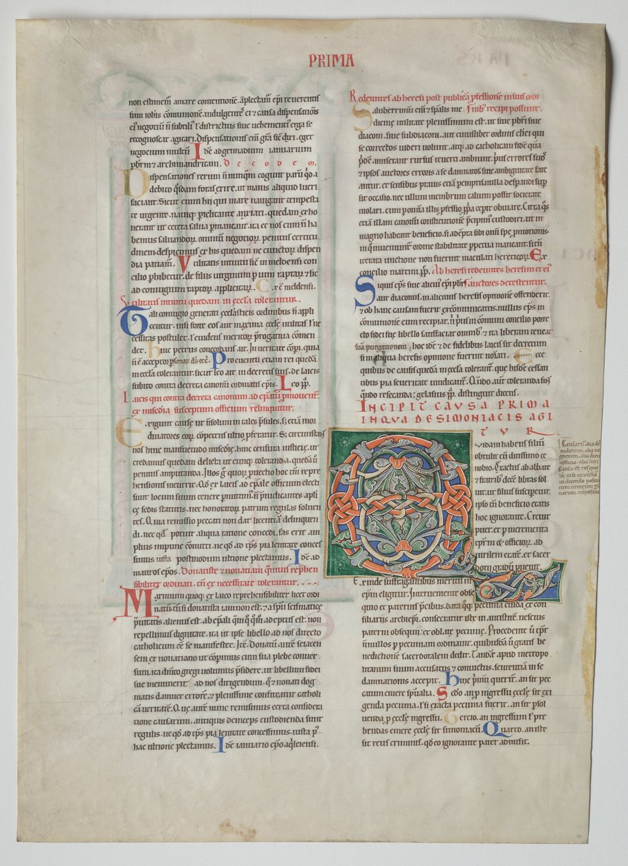 Enkel blad uit een Decretum van Gratianus: Gedecoreerde initiaal Q[uidam habens filium obtulit] door Unknown artist