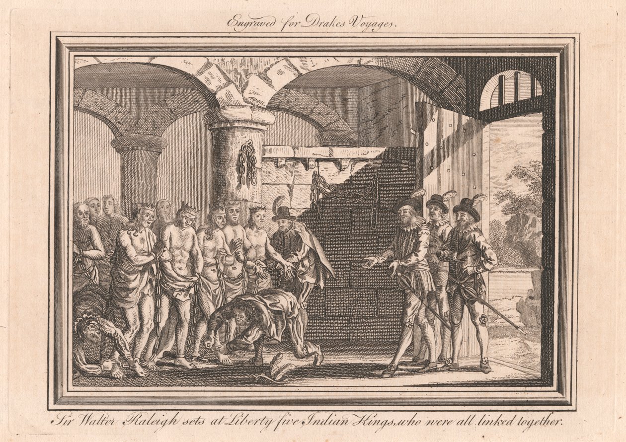 Sir Walter Raleigh bevrijdt vijf Indiase koningen, die allemaal aan elkaar waren gekoppeld door Unknown artist