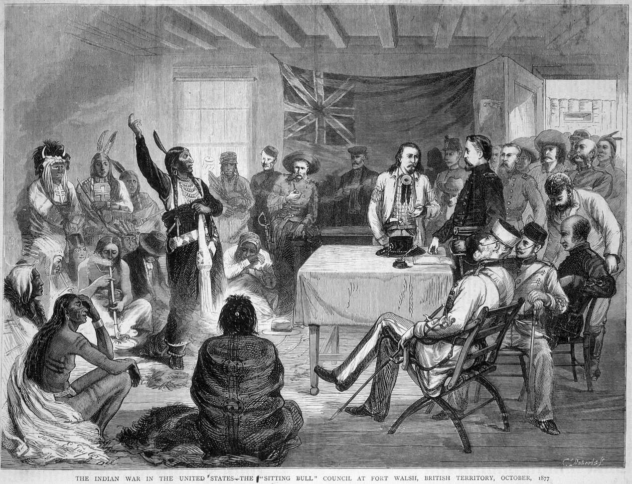Sitting Bull en Buffalo Bill: Sitting Bull Raad bij Fort Walsh, Brits Territorium, tijdens de oorlog met de Indianen, oktober 1877 door Unknown artist