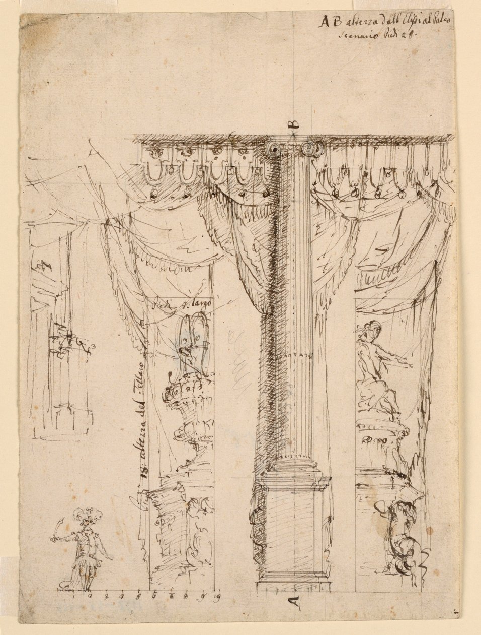 Schets voor drie zijvleugels met deel van prosceniumlijst door Unknown artist