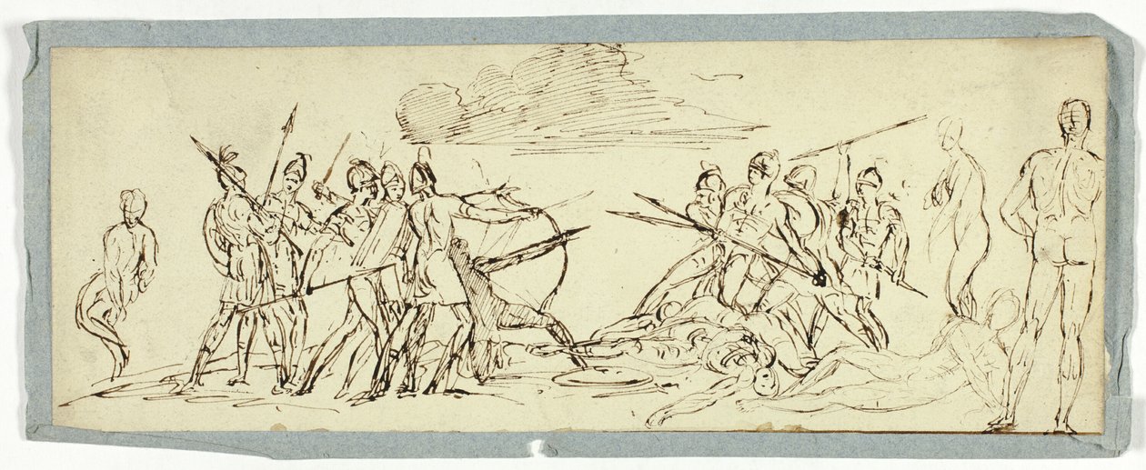 Schets van een gevechtsscène (recto); Fregat (verso) door Unknown artist