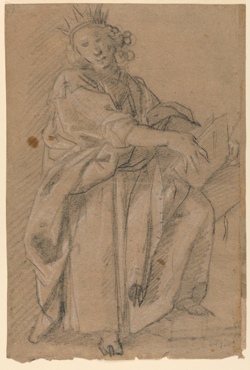 Schets van een staande gekroonde figuur met een boek door Unknown artist
