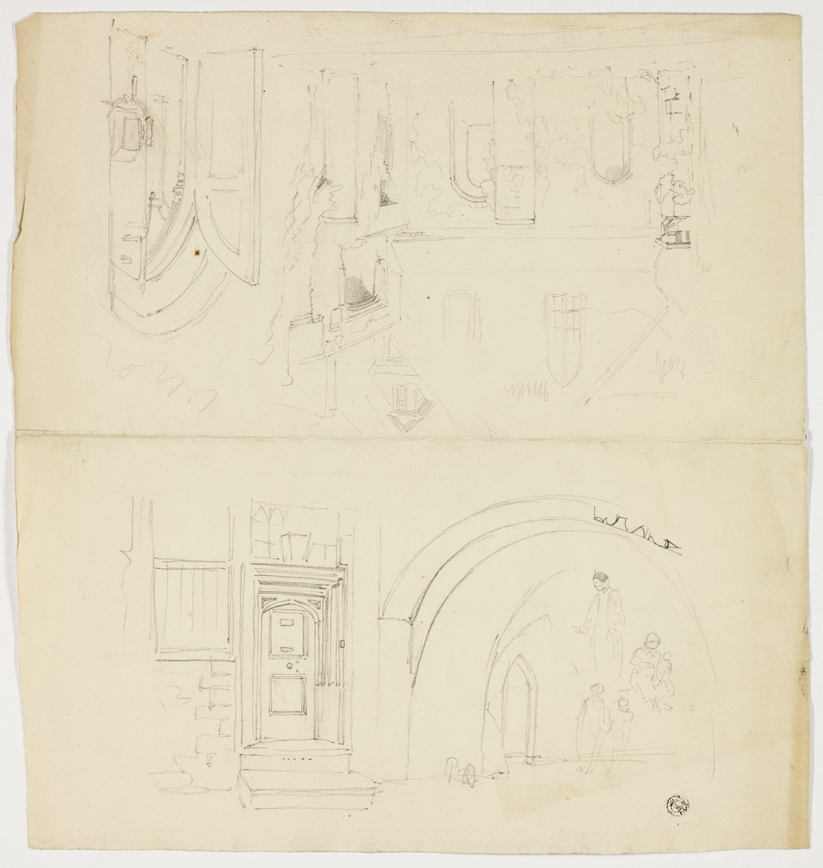Schetsen van deuropening, figuren, gebouw met zij-ingang tot de kerk (recto); schets van torenspits (verso) door Unknown artist