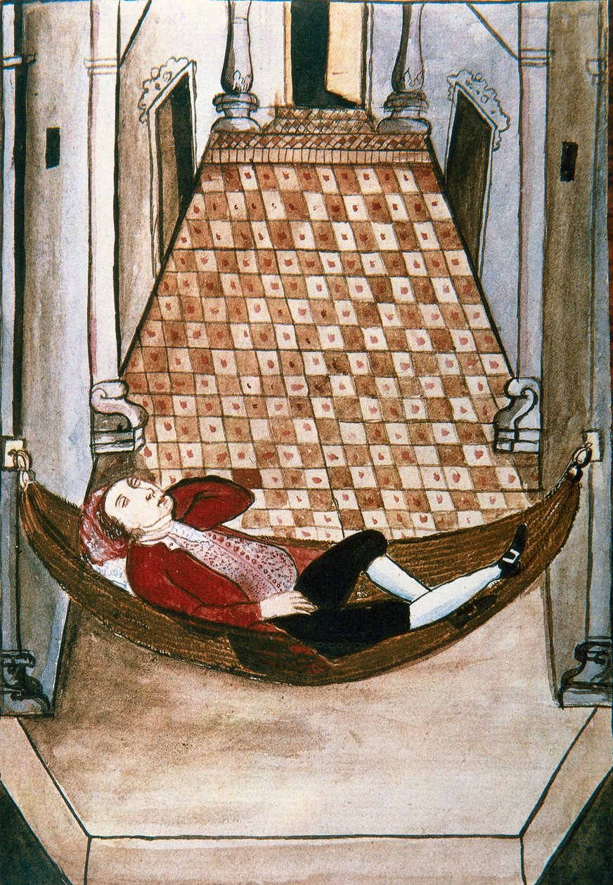 Slaperige Spanjaard in een hangmat van een rijk paleis, uit het boek "Trujillo del Peru" of "Códice Martínez Compañón", door Baltazar Martinez Compañón y Bujanda, bisschop van Trujillo (1782-1785) door Unknown artist