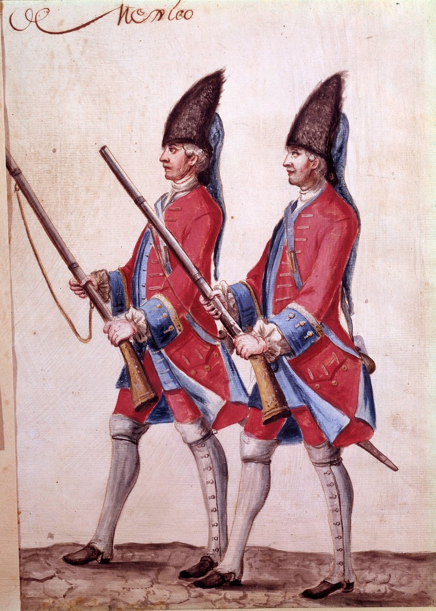 Soldaten van het Regiment van Mexico, detail van een 18e-eeuwse aquarel. door Unknown artist