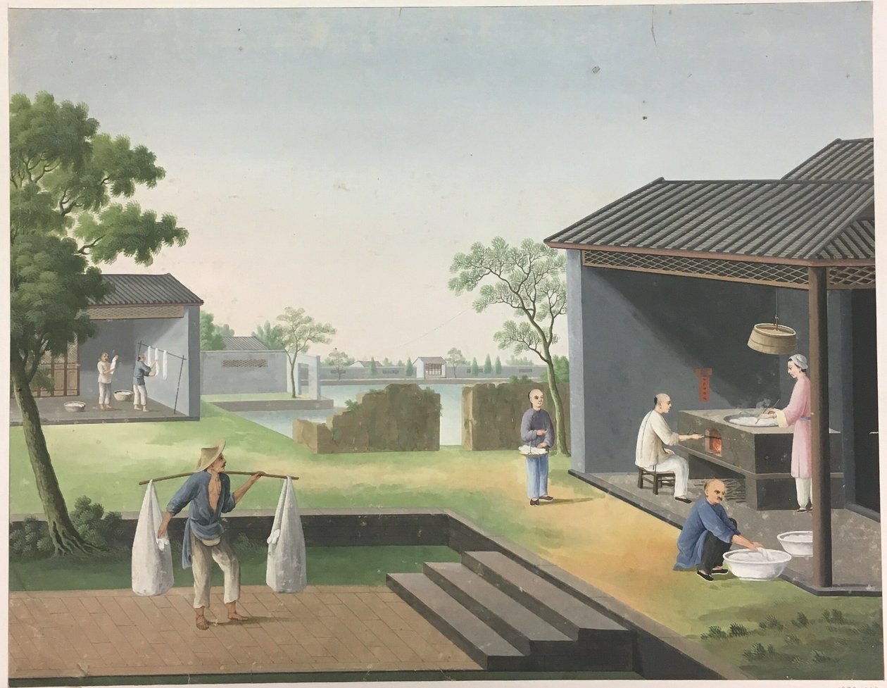 Doek spinnen, theebladeren voorbereiden, zijde voorbereiden door Unknown artist