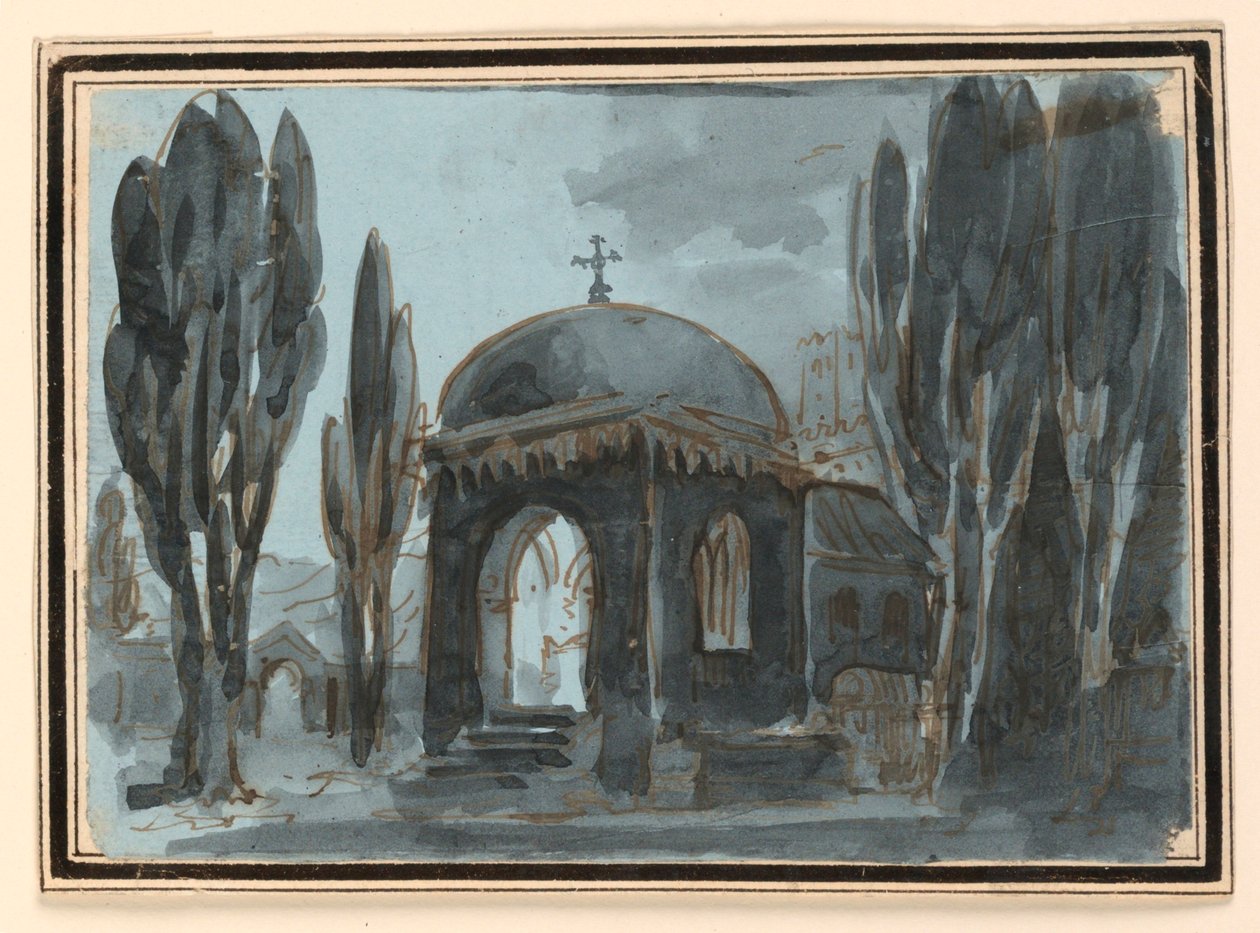 Toneelontwerp, kapel in kerkhof door Unknown artist