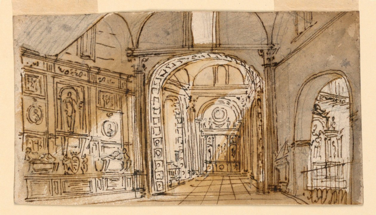 Toneelontwerp, kerkinterieur door Unknown artist