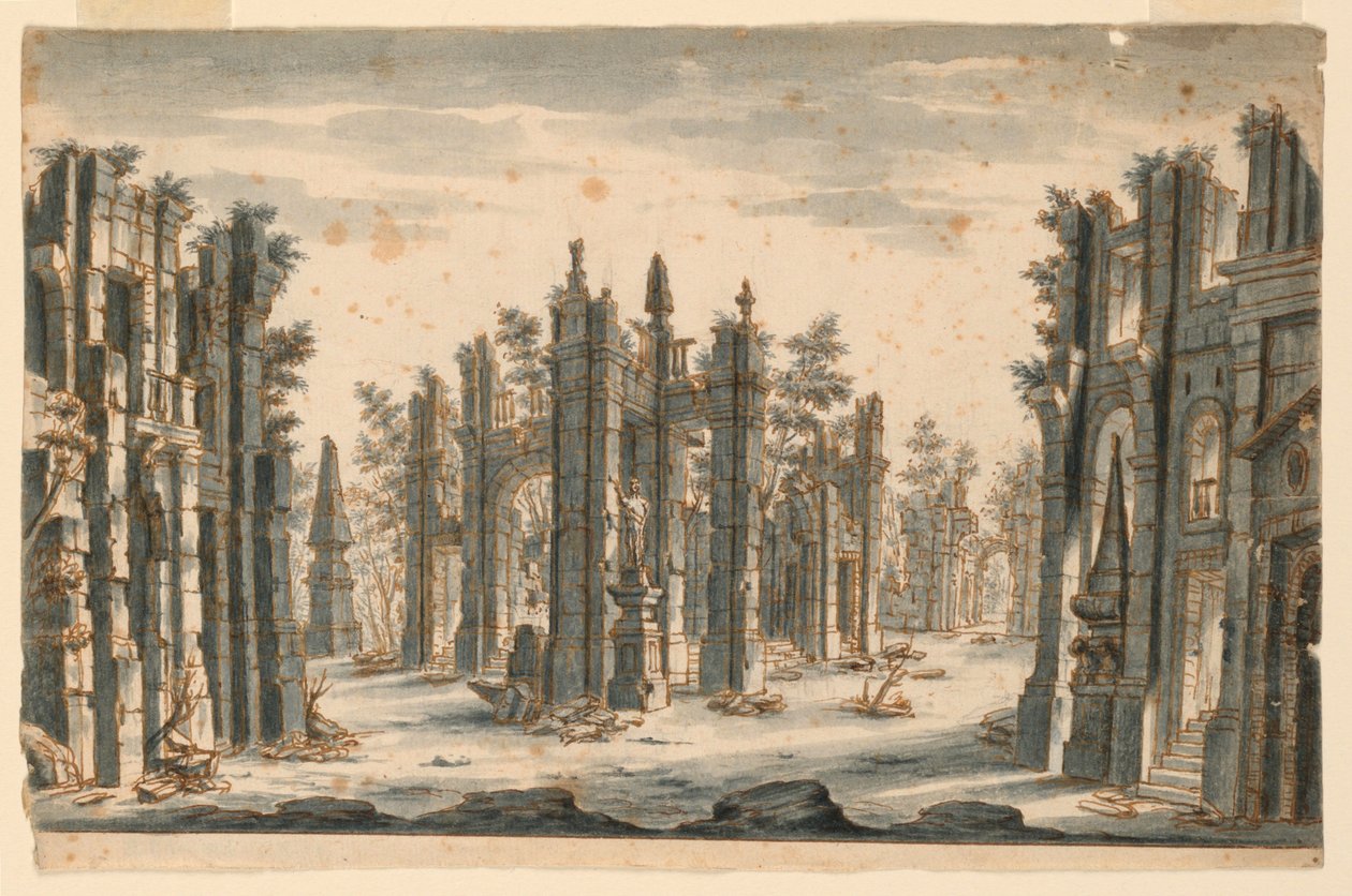 Toneelontwerp, groep van verwoeste gebouwen met obelisken door Unknown artist
