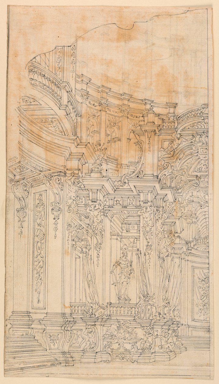 Toneelontwerp: Paleisarchitectuur met trofeeën door Unknown artist