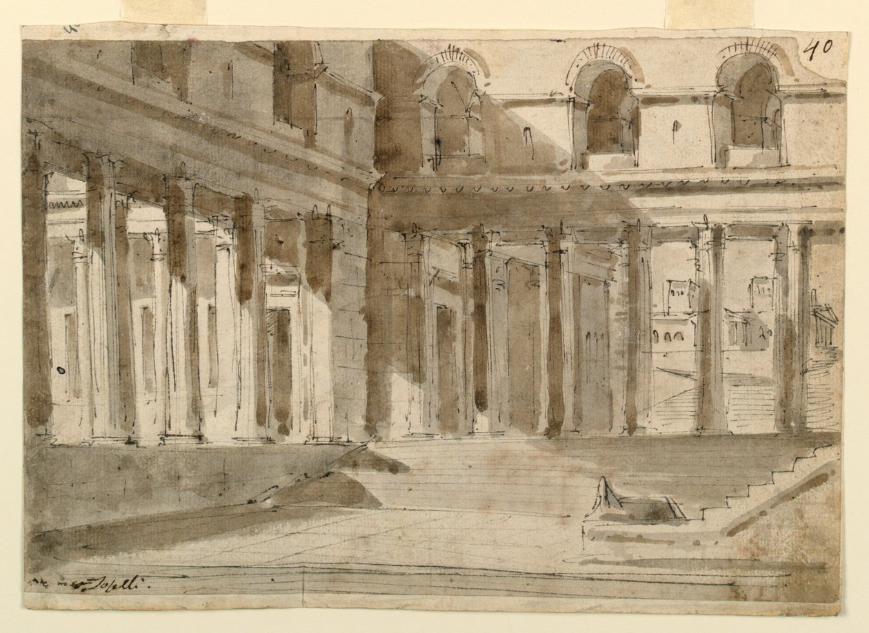 Toneelontwerp, paleishof met trappen door Unknown artist