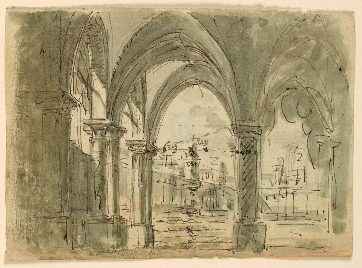 Toneelontwerp, Portiek met Gebouwen door Unknown artist
