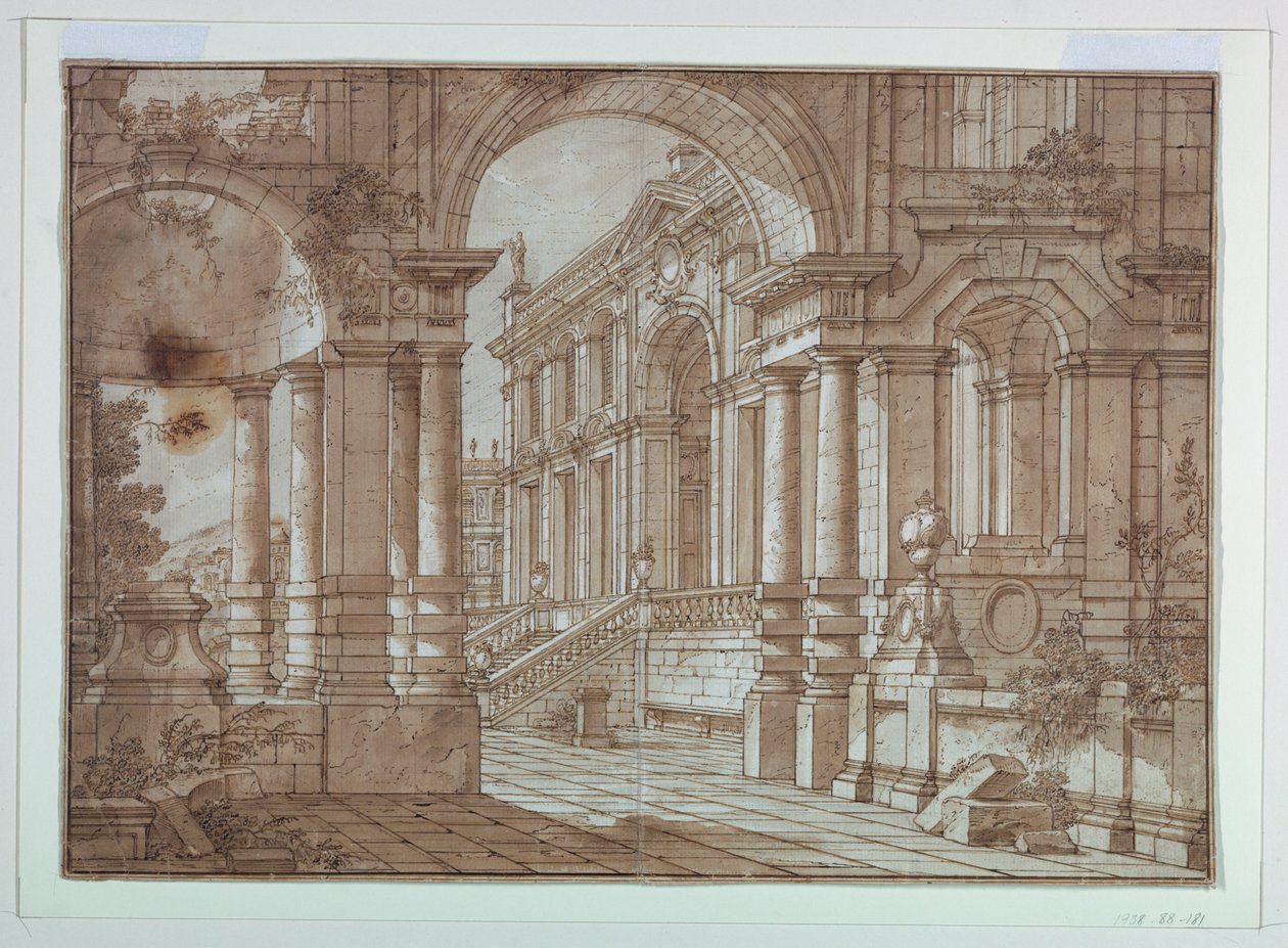 Toneelontwerp, Uitzicht op een Paleis vanaf een Terras door Unknown artist