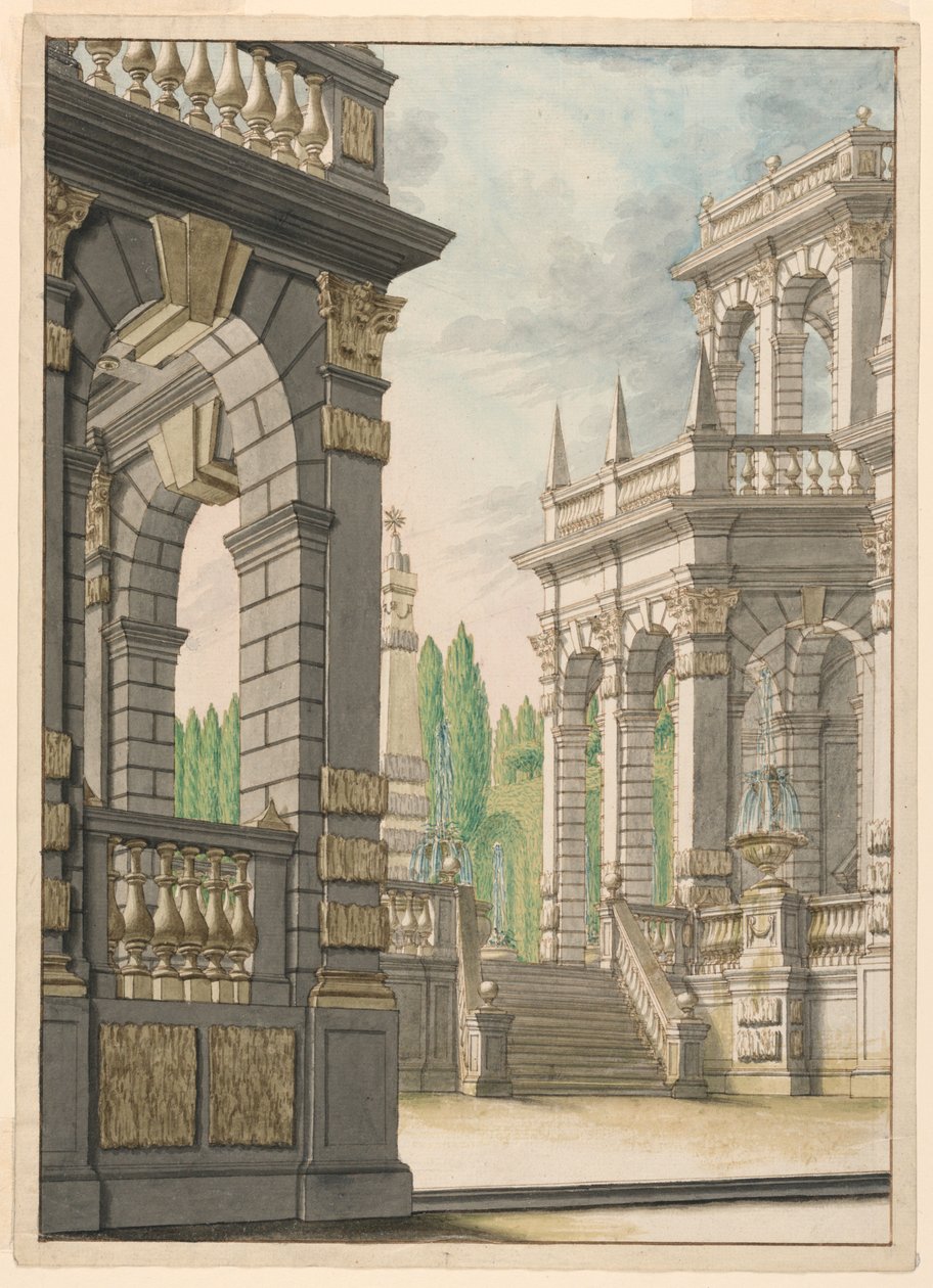 Toneelontwerp: Villa met obelisk en Albani-wapens door Unknown artist