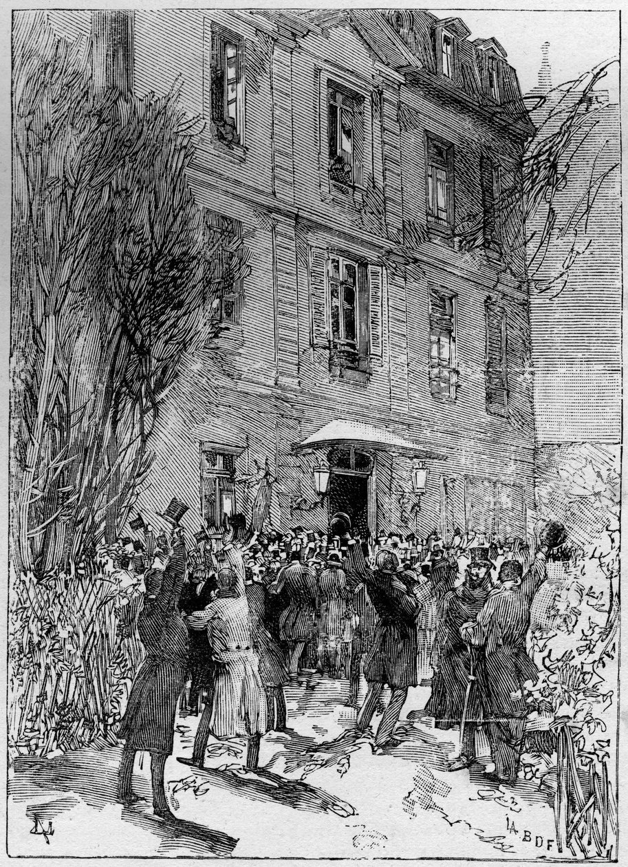 Studentendemonstratie ter ere van Michel Eugène (Michel-Eugène) Chevreul (1786-1889) (Deken van de studenten van Frankrijk) in de Jardin des Plantes in Parijs. Gravure in 