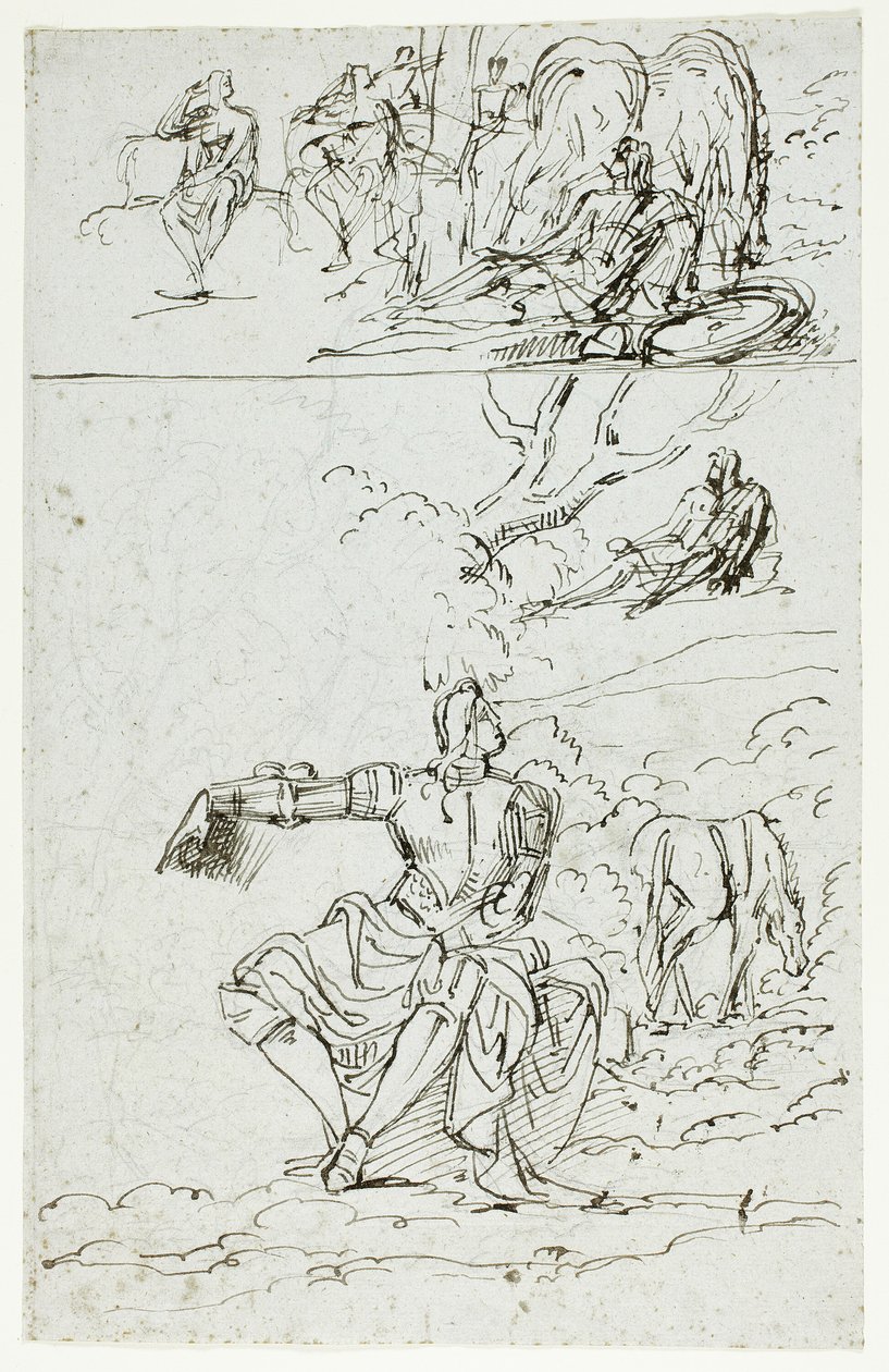 Studieblad met zittende ridder (recto); staande mannelijke figuur in middeleeuwse kleding (verso) door Unknown artist
