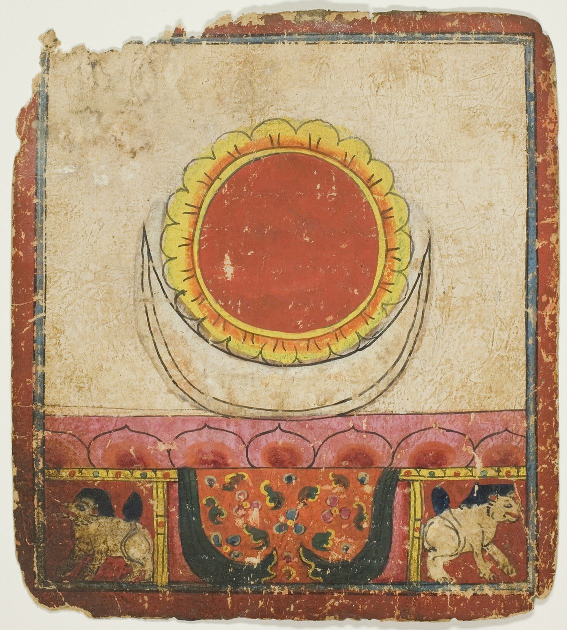 Zon, maan en lotus op de troon van de leeuw, uit een set inwijdingskaarten (Tsakali) door Unknown artist