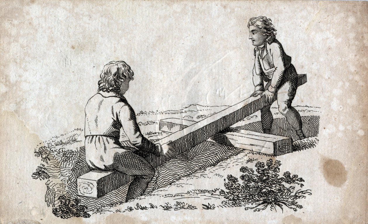 Schommel: twee kinderen op een schommel. Gravure eind 18e eeuw. Privécollectie. door Unknown artist
