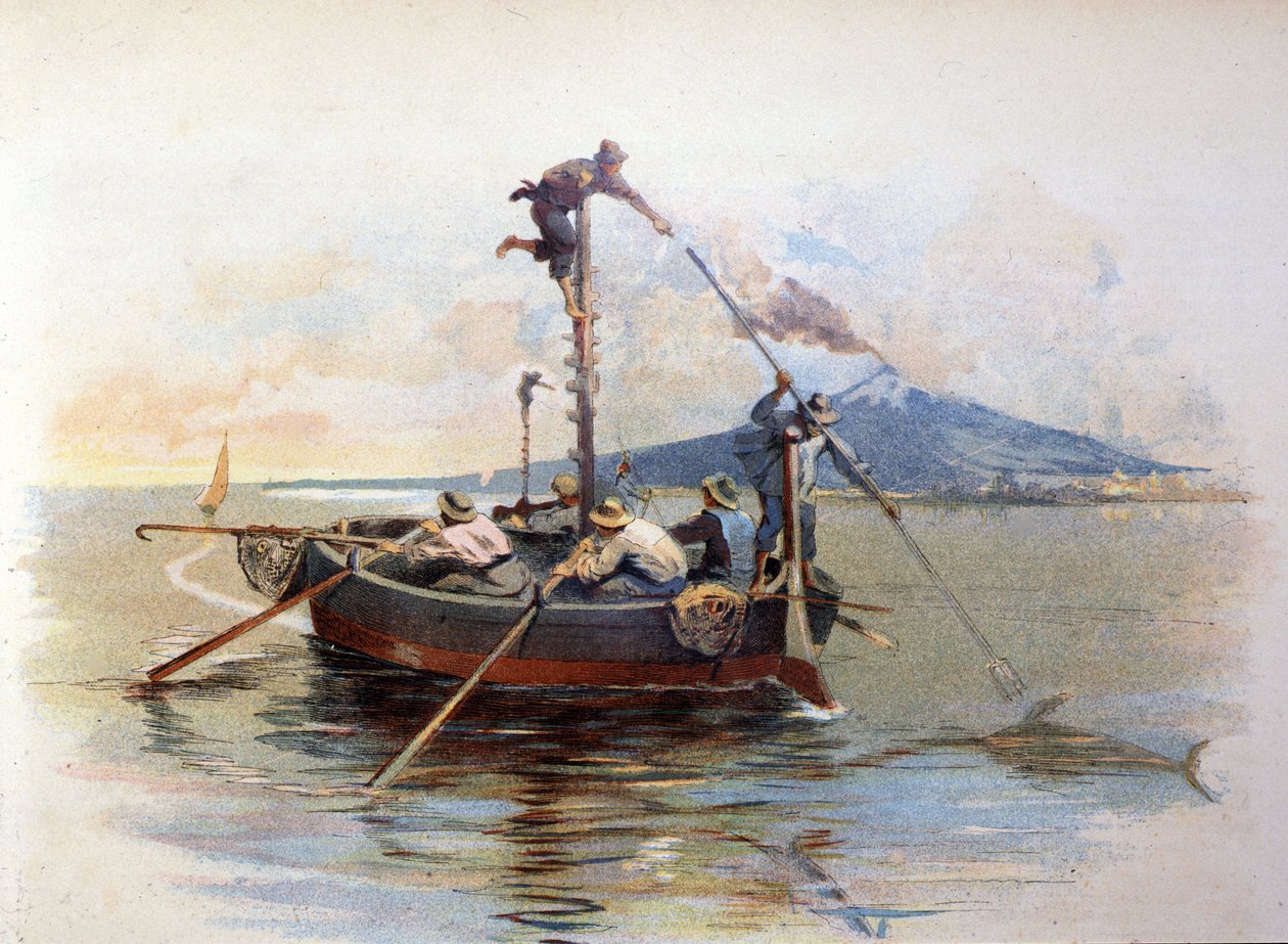 Zwaardvis harpoenvissen in de Straat van Messina in Sicilië. Aquarel 1898 door Unknown artist