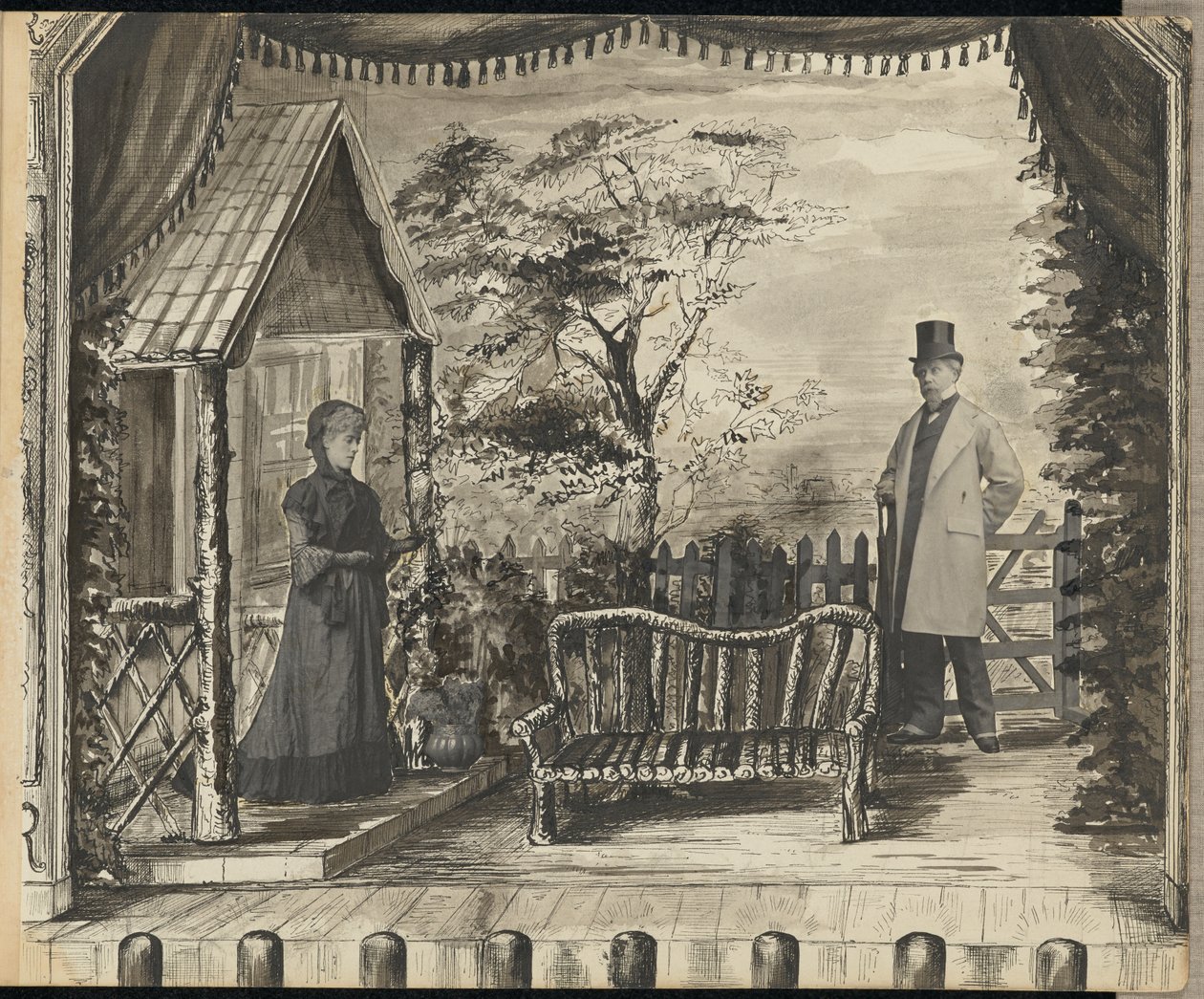 [Tableau vivant van een man en vrouw op een theaterpodium]. door Unknown artist