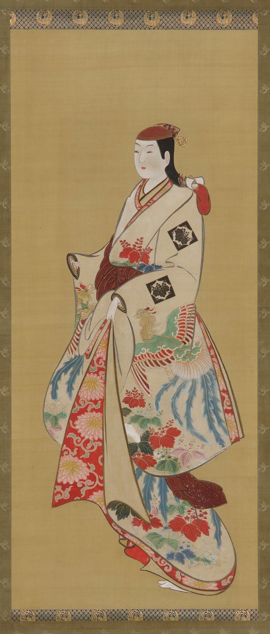Lang meisje; jurk met ho-o vogel en kiri bloemen patroon door Unknown artist