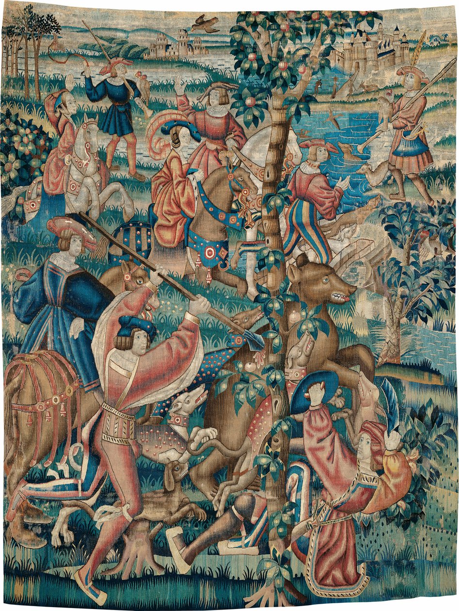 Wandtapijt (Berenjacht en valkerij van een jachtreeks) door Unknown artist