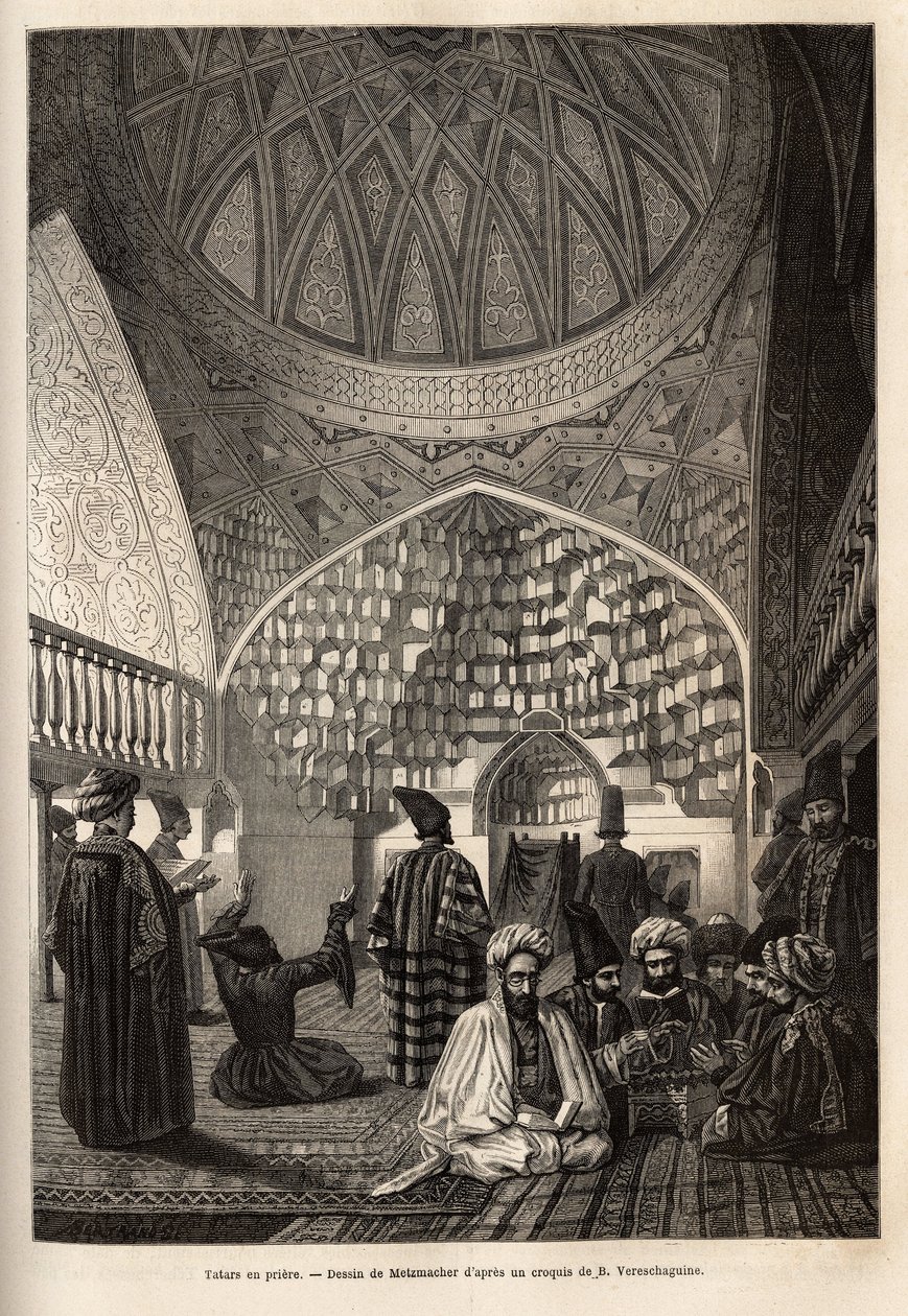 Tataren in gebed, in de Moskee van Schusha (Transkaukasië, Rusland). Gravure ter illustratie van de reis in de provincies van de Kaukasus, door Basile Vereschaguine, in 1864-1865, gepubliceerd in 
