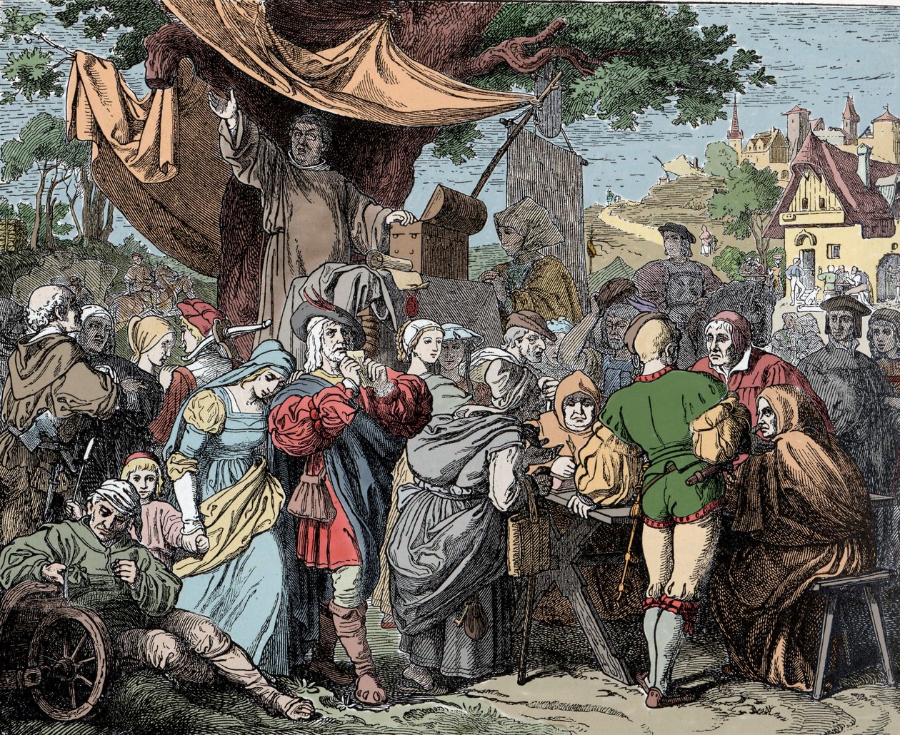 Tetzel verkoopt aflaten - Johann Tetzel (1465-1519), Duitse Dominicaanse priester, verkoopt aflaten voor de bouw van de Sint-Pietersbasiliek in Rome, circa 1515 door Unknown artist