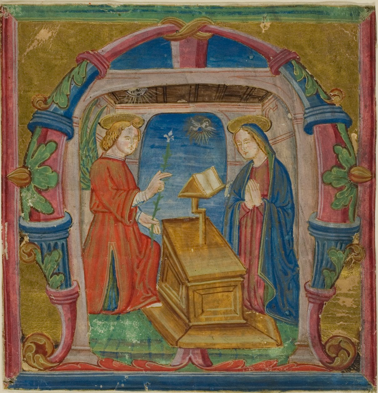 De Annunciatie in een gehistoriseerde initiële "M" uit een Antifonarium door Unknown artist
