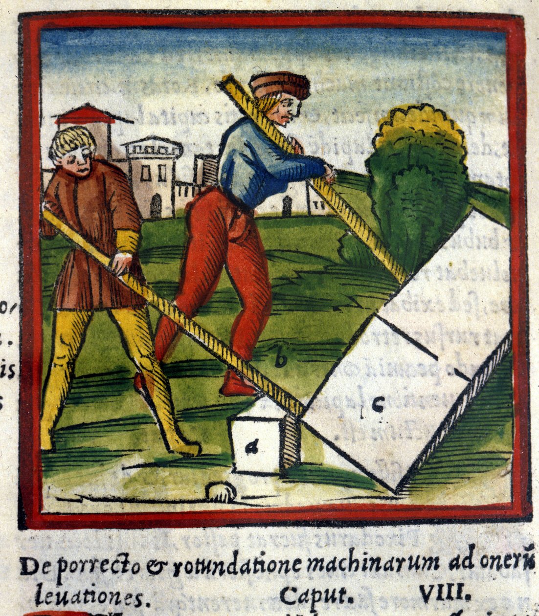 De hefboom van Archimedes (287 v.Chr. - 212 v.Chr.) in De architectura van Vitruvius. 1630. Trivulziana, Milaan. door Unknown artist