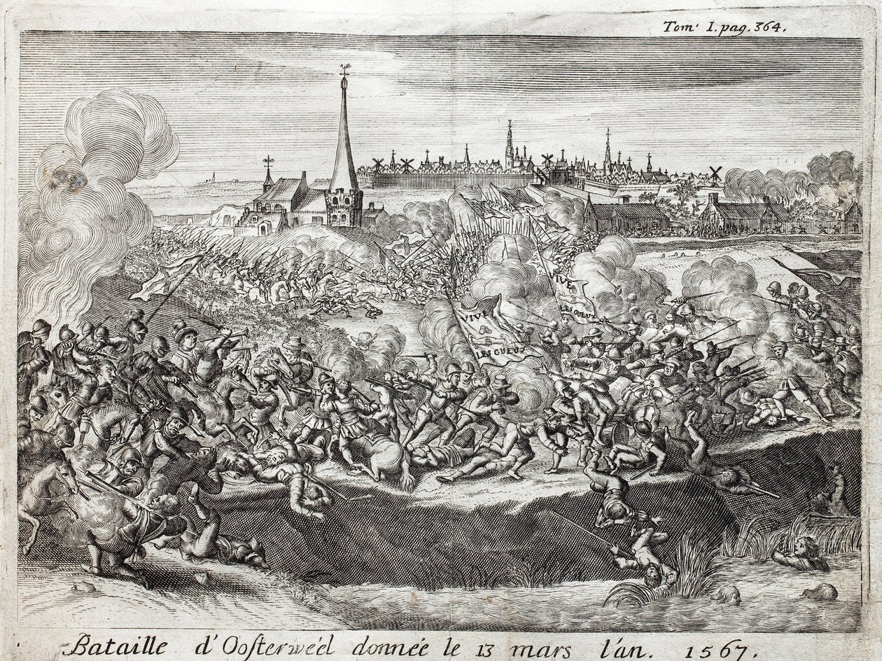 De Slag bij Oosterweel (Nederland), gehouden op 13 maart 1567, de eerste confrontatie van de Tachtigjarige Oorlog (1567-1648). Gravure ter illustratie van 