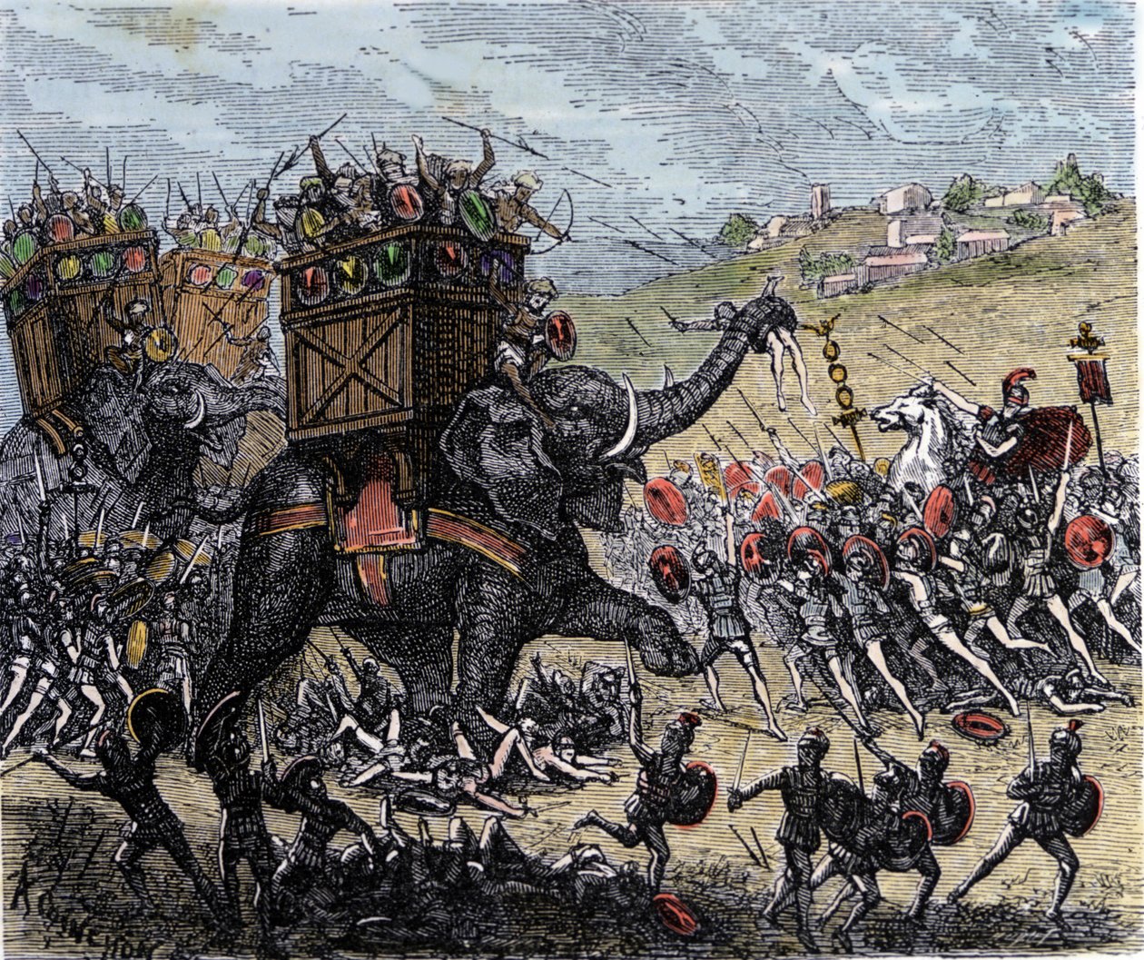 De Slag bij Zama (Afrika, Tweede Punische Oorlog, 202 v.Chr.) gewonnen door Scipio de Afrikaan over de troepen van Hannibal Barca. door Unknown artist