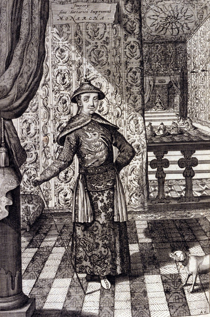 De Chinese Keizer en Opperste Heerser van de Tartaren - Chinese keizer Kangxi (1652-1722) Qing-dynastie, gravure door Athanasius Kircher uit 