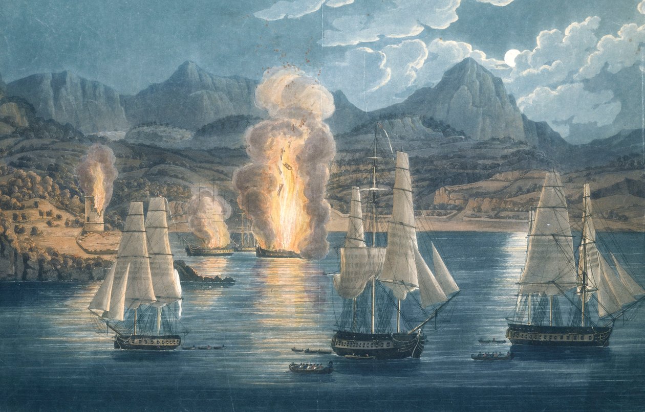 De Engelsen vernietigen Franse schepen in de Baai van Sagone, Corsica op 30 april 1811 door Unknown artist