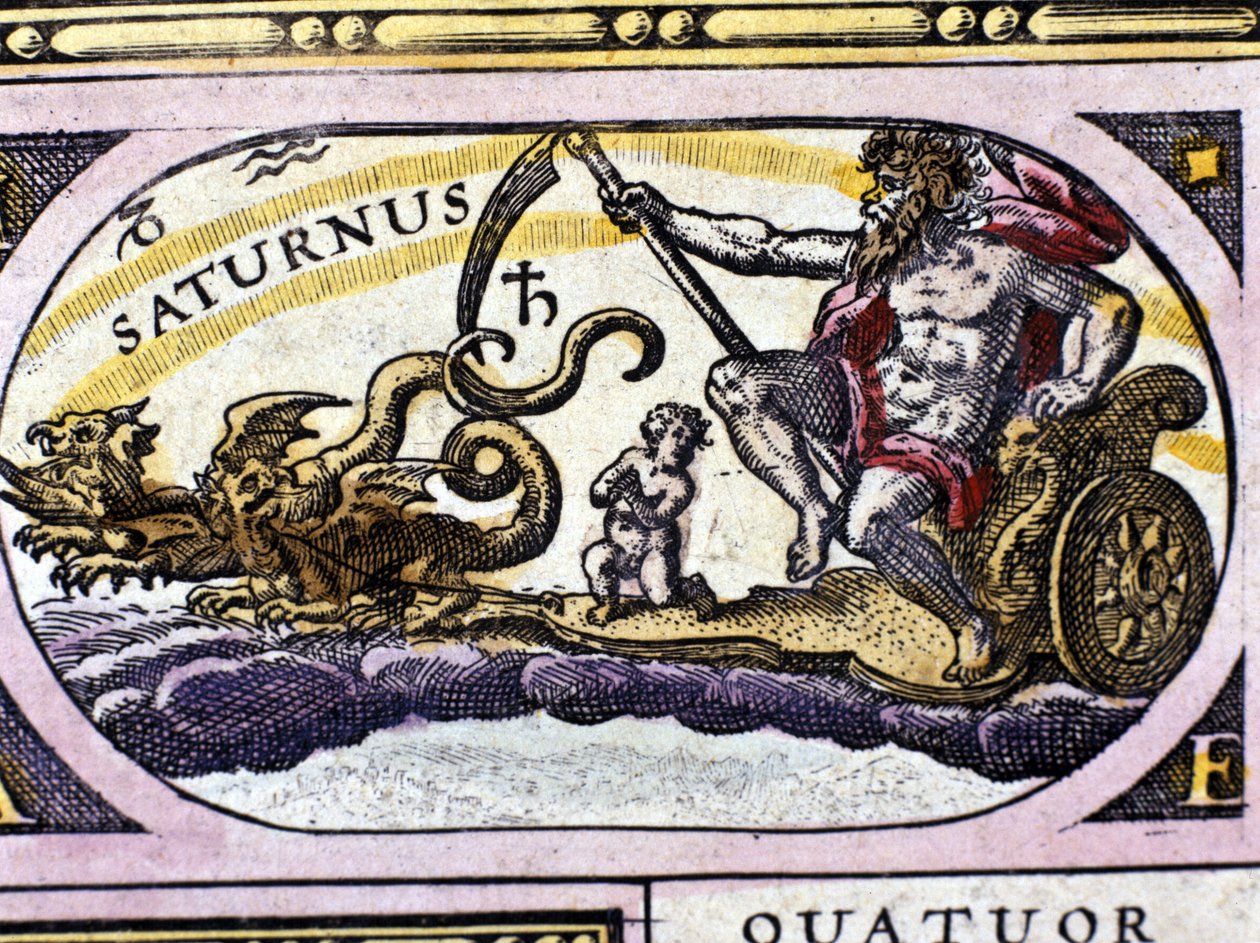 De god Saturnus (Cronos) op een tank getrokken door twee draken door Unknown artist