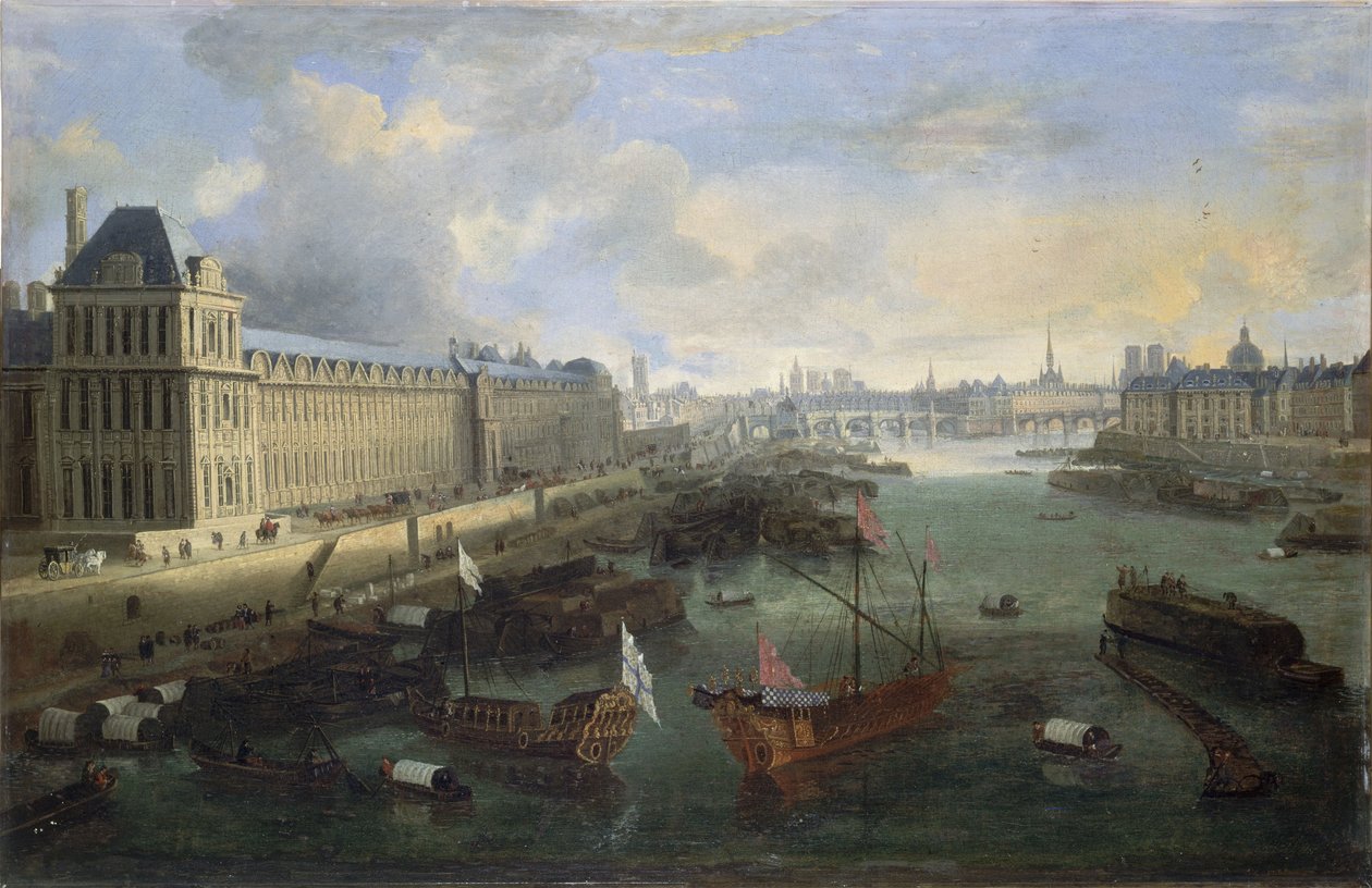 De Grande Galerie van het Louvre, de Pont-Neuf, de Cité, het Collège des Quatres-Nations, ca. 1670 Op de Seine, de koninklijke galei, tussen 1670 en 1685 door Unknown artist