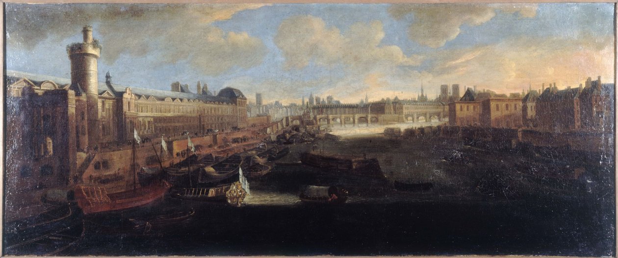 De Grote Galerie van het Louvre, met de Porte Neuve, de Pont-Neuf, de Citadel, het Collège des Quatre-Nations in aanbouw en de Quai Malaquais, circa 1665, op de Seine de koninklijke galei, huidige 1e en 6e arrondissementen, tussen 1660 en door Unknown artist