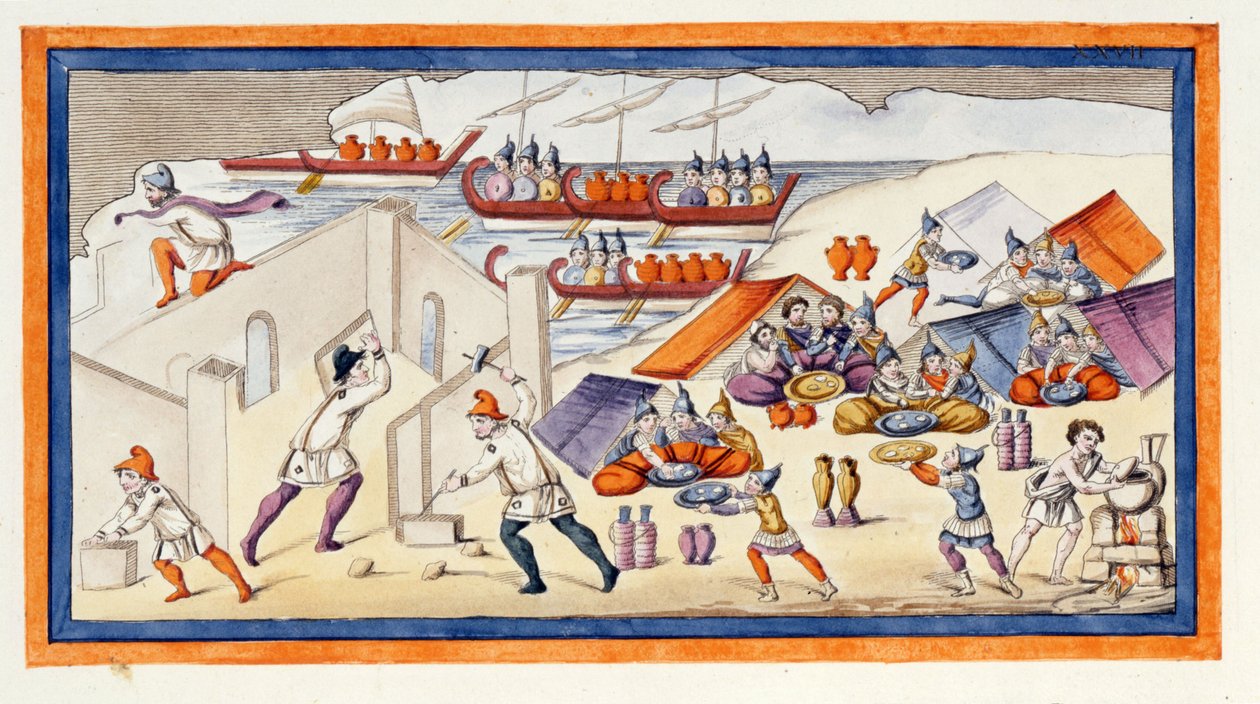 De Grieken begonnen een bolwerk te graven om hun barakken en schepen te beschermen. De Ilias. Zang VII. Gravure uit het einde van de 18e eeuw. door Unknown artist