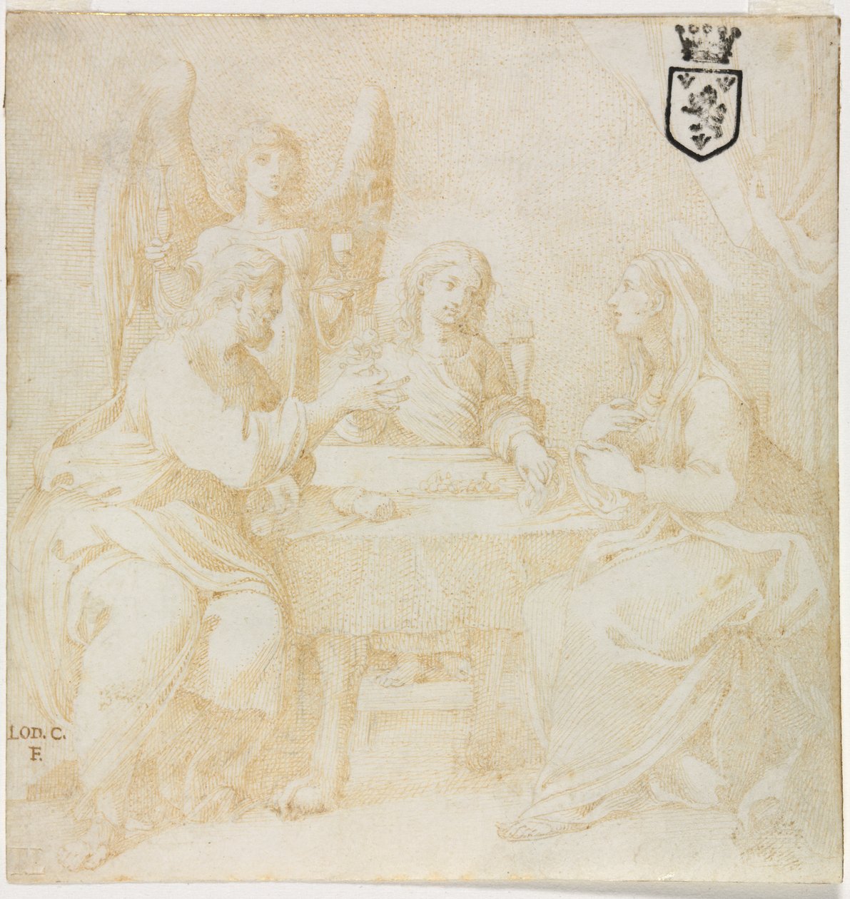De Heilige Familie aan Tafel Geserveerd door een Engel door Unknown artist
