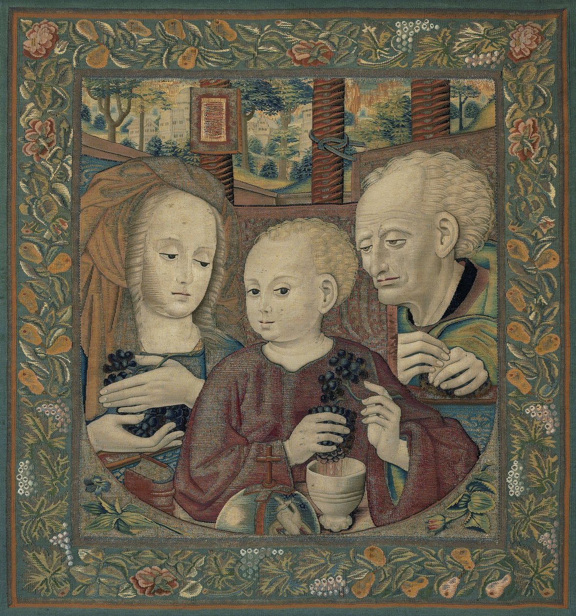 De Heilige Familie met het Kindje Christus dat de wijn van de Eucharistie perst door Unknown artist