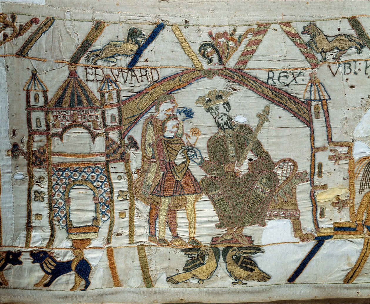 De koning van Engeland Edward de Belijder instrueert Harold om aan de hertog van Normandië Willem de Veroveraar (1027-1087) te bevestigen dat hij zijn opvolger zal zijn op de troon van Engeland (detail) door Unknown artist