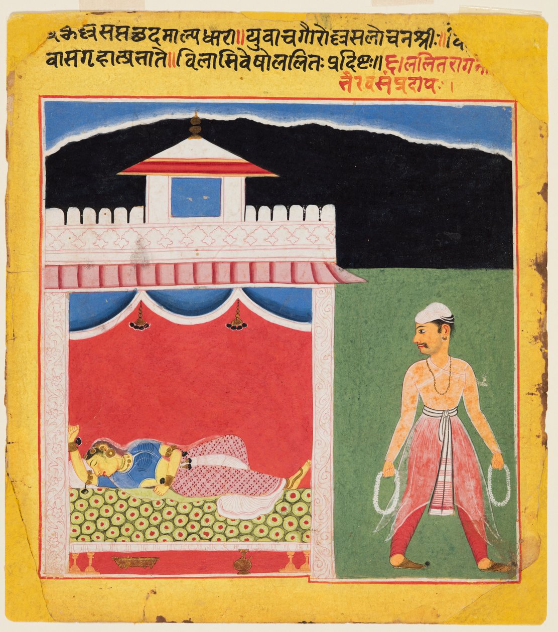De minnaar vertrekt weemoedig in de ochtend na een gepassioneerde ontmoeting: Lalit Ragini, uit een Ragamala door Unknown artist