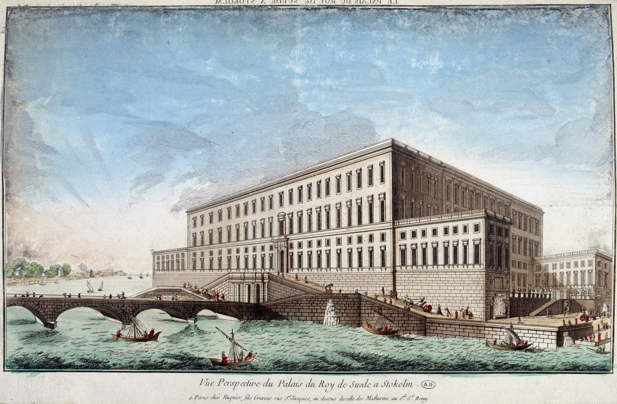 Het paleis van de koning van Zweden in Stockholm - gravure door Unknown artist