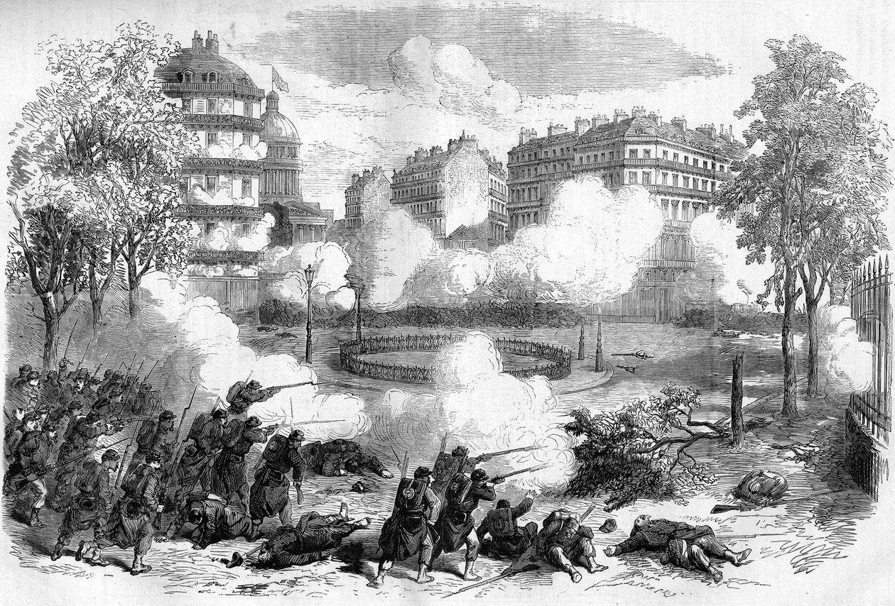 De Parijse Commune in 1871. Aanval op de barricades van de federes (communards) voor het Pantheon door het legerkorps van generaal de Cissey op 24 mei 1871, aan het begin van de bloedige week (22 - 28 mei 1871). door Unknown artist