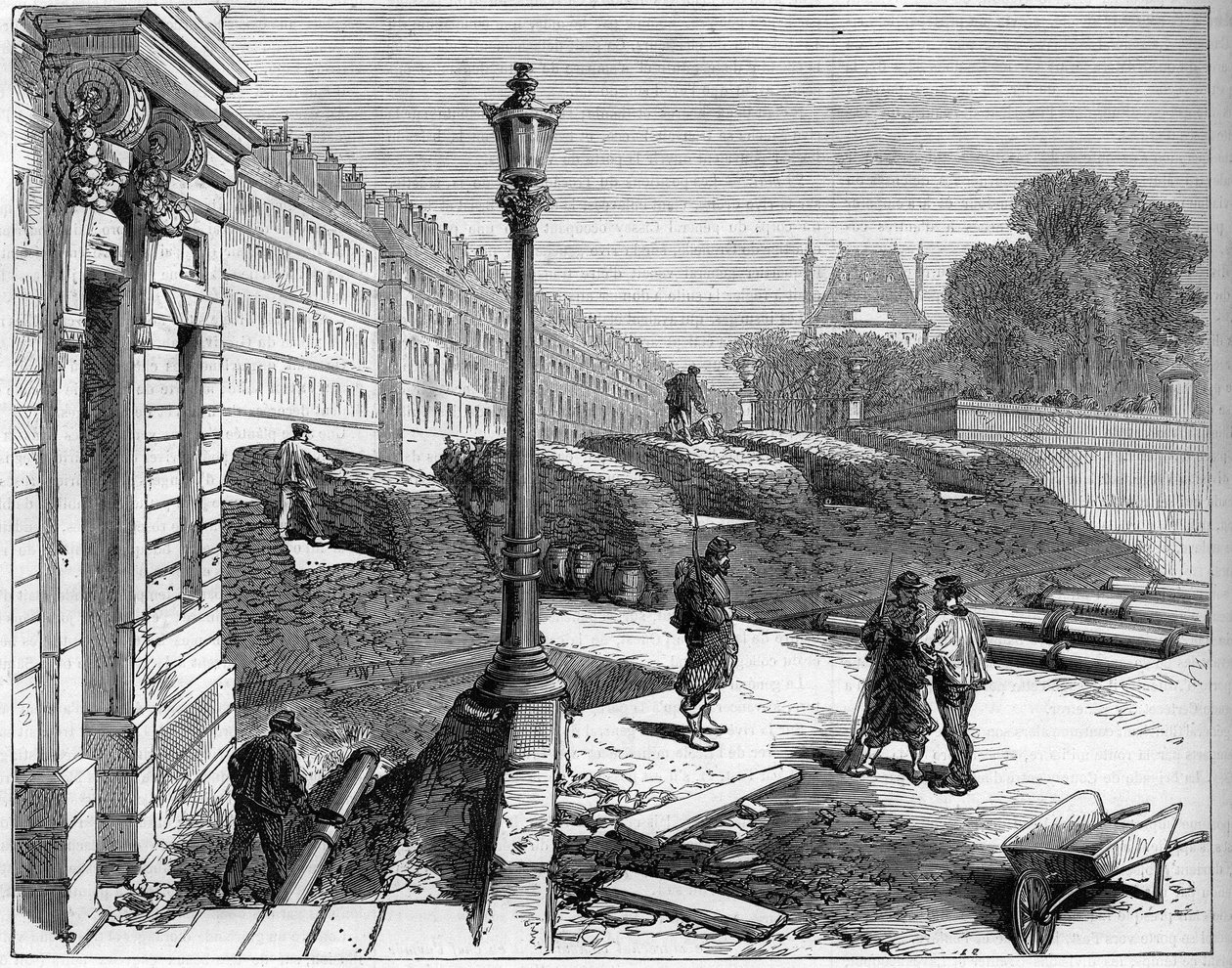 De Parijse Commune in 1871. Barricade van de federes (communards) op de hoek van Rue de Rivoli en Place de la Concorde. door Unknown artist